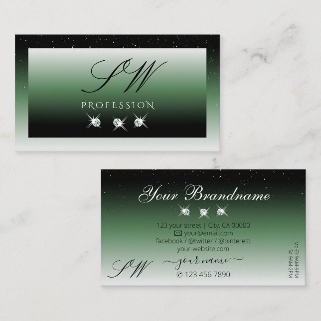 Carte De Visite Noble noir vert Ombre étinceler Diamants Monogramm (Devant / Derrière)