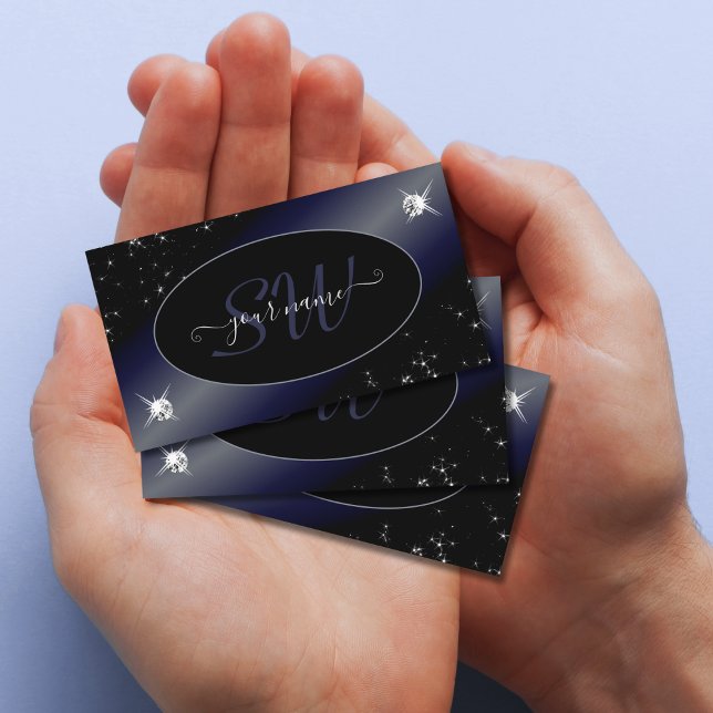 Carte De Visite Noble Parties scintillant Bleu Noir Étoiles Diaman (Créateur téléchargé)