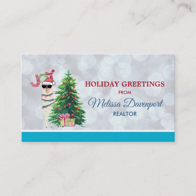 Carte De Visite Noël Llama | Joy Typography | Silver Bokeh (Devant)