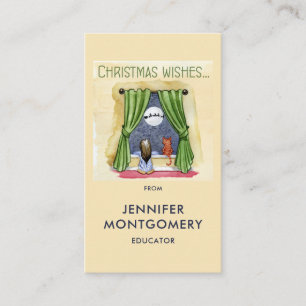 Carte De Visite Noël Souhaite Mignonne Enfant & Kitty Chat Noël