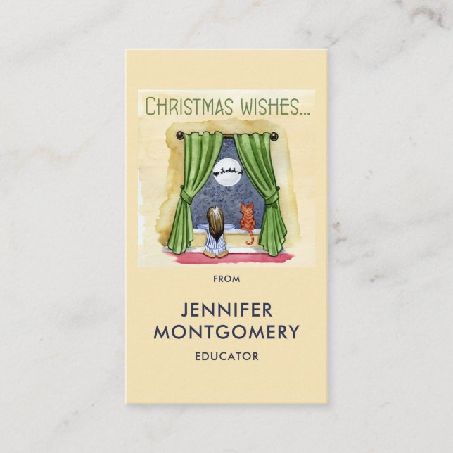 Carte De Visite Noël Souhaite Mignonne Enfant & Kitty Chat Noël (Devant)