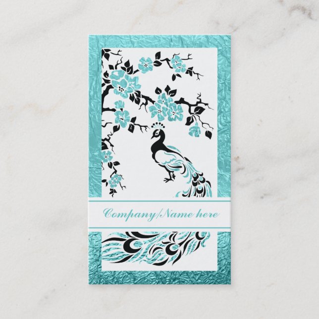 Carte De Visite Noir, aqua paon et fleurs de cerisiers (Devant)