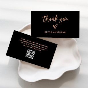 Carte De Visite Noir avec Rose Gold Script et Coeur Merci