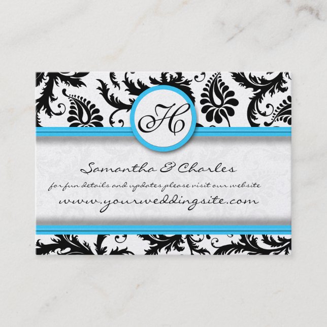 Carte De Visite Noir & Blanc Damas Bright Aqua Raisonné Trim (Devant)