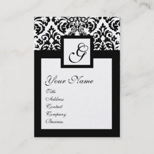 Carte De Visite NOIR BLANC DOMMASQUE CARRÉ FLORAL MONOGRAM MétallQ
