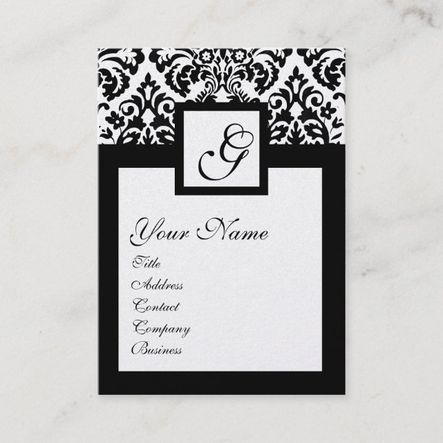 Carte De Visite NOIR BLANC DOMMASQUE CARRÉ FLORAL MONOGRAM MétallQ (Devant)