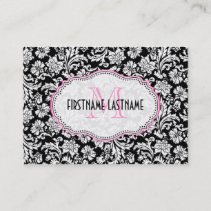 Carte De Visite Noir & Blanc Élégant Damas Florales