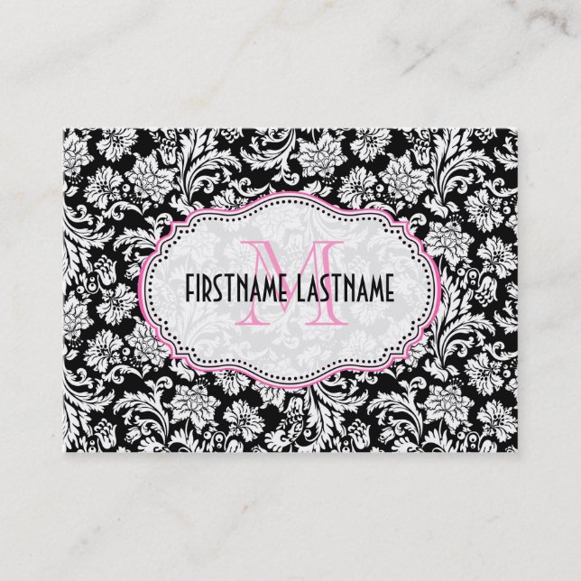 Carte De Visite Noir & Blanc Élégant Damas Florales (Devant)