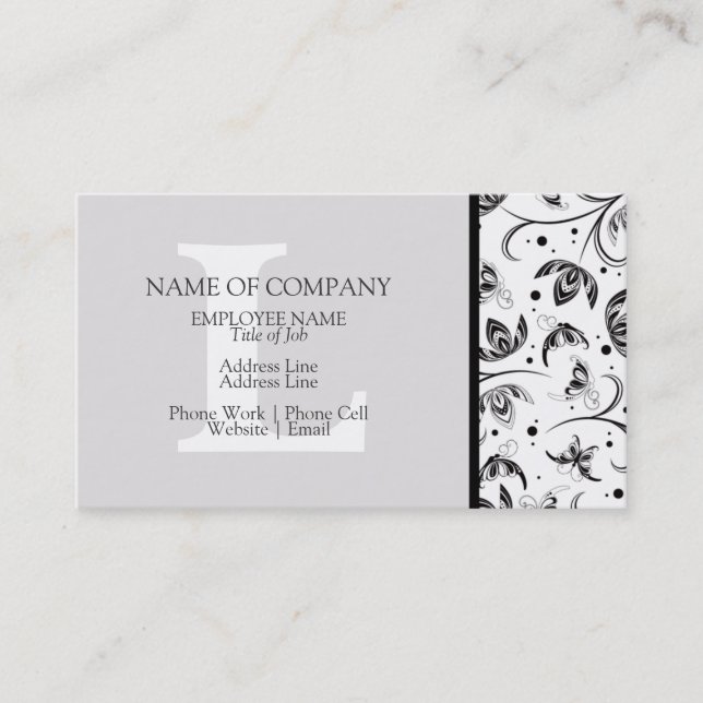 Carte De Visite Noir Blanc Gris Gris Designer Monogramme Damas (Devant)