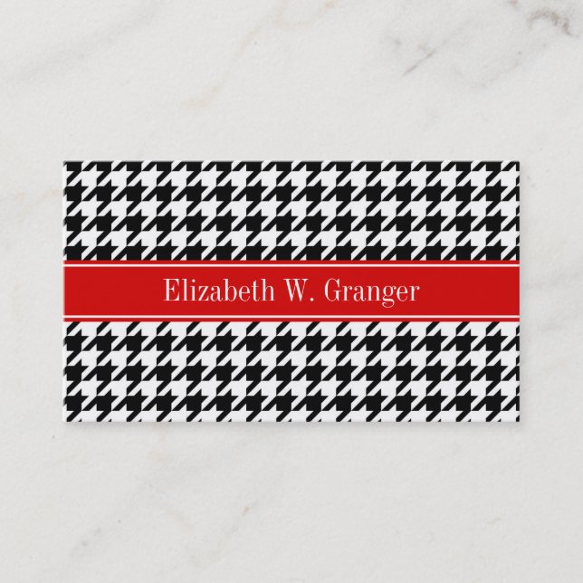 Carte De Visite Noir Blanc Houndstooth Nom rouge Monogramme (Devant)