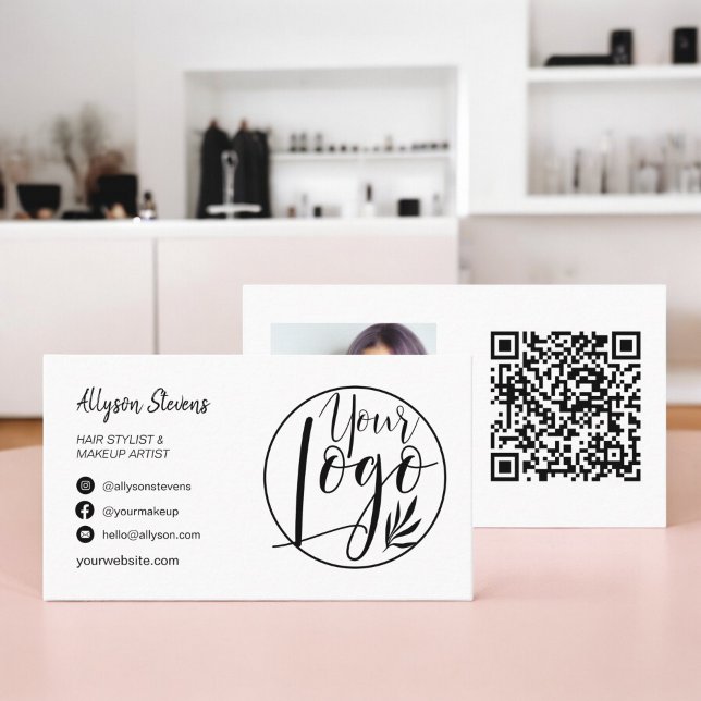 Carte De Visite Noir blanc moderne maquillage photo logo qr code (Modern black white hair makeup photo logo qr code business card)