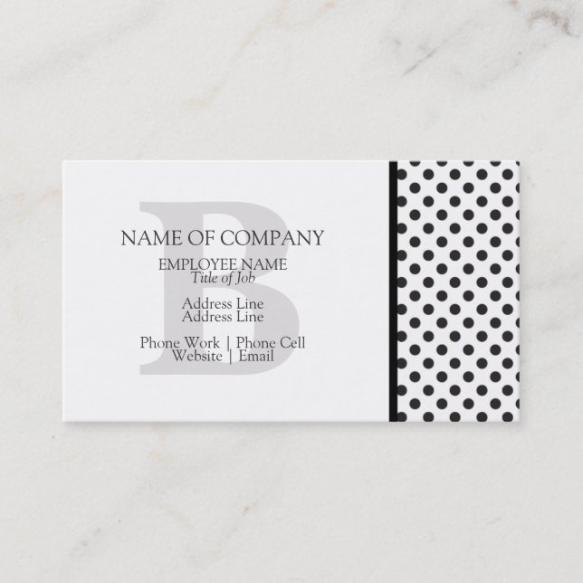 Carte De Visite Noir blanc Pois Gris Designer Monogramme (Devant)