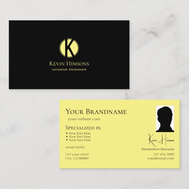 Carte De Visite Noir clair classique Jaune avec Monogramme et Phot (Devant / Derrière)