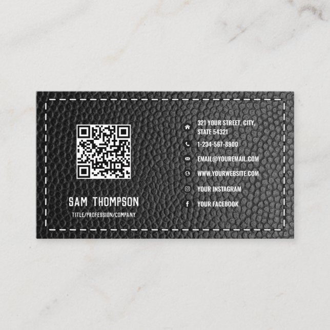 Carte De Visite Noir Cuir Entreprise QR Code Social Media Icônes (Devant)