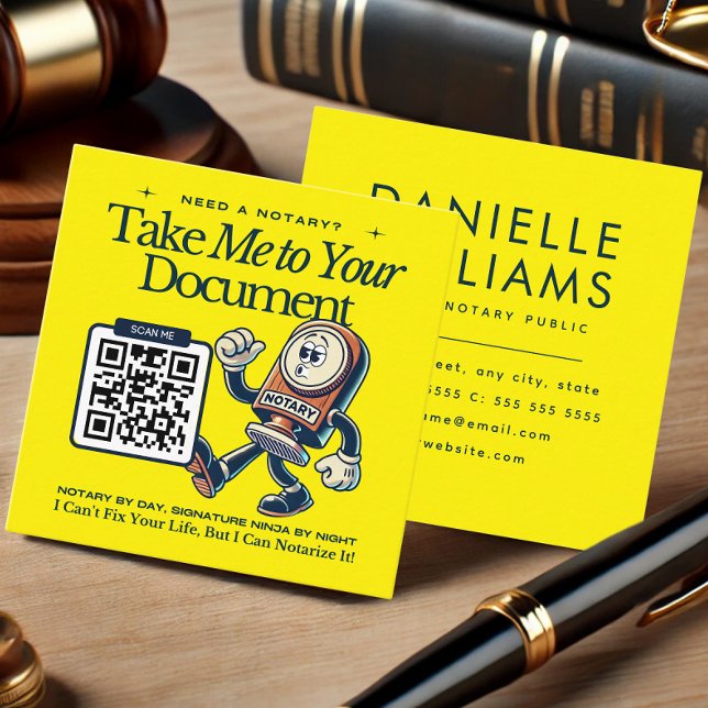 Carte de visite noir de code QR jaune (Yellow QR Code Notary Business Card - Take Me to Your Document Theme)
