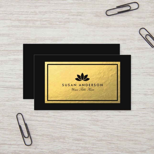 Carte de visite noir de fleur de Lotus de feuille (Devant/Arrière en situation)