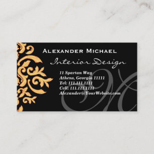 Carte De Visite Noir élégant de monogramme et damassé d'or