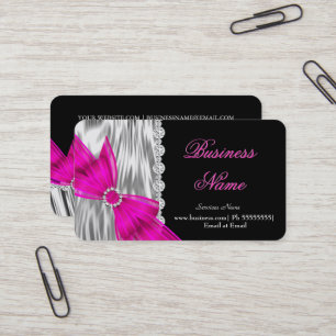 Carte De Visite Noir Élégant Soie Argent Rose Chaud Ruban