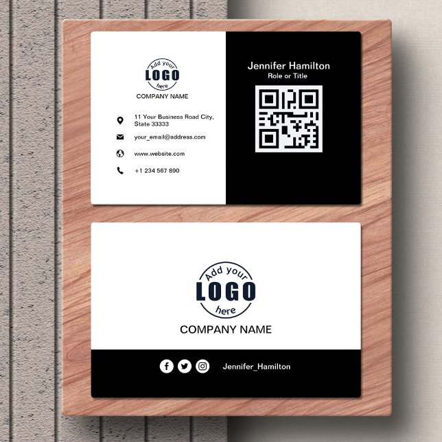Carte De Visite Noir et blanc ajouter votre code QR (Créateur téléchargé)
