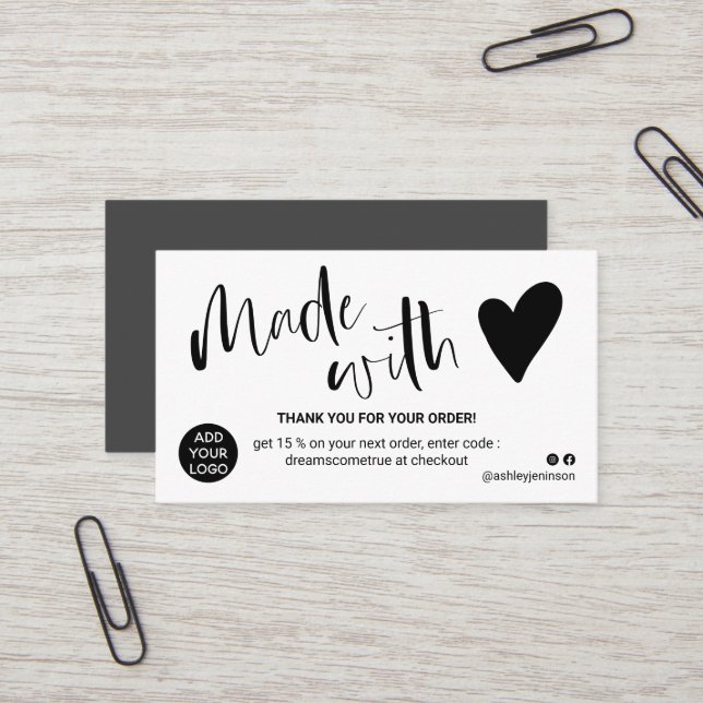 Carte De Visite Noir et blanc merci fait avec amour (Devant/Arrière en situation)