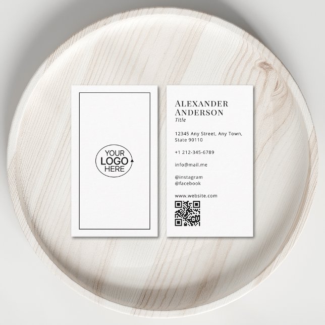 Carte De Visite Noir et blanc minimum Ajouter votre logo Code QR (Minimal Black and White Add Your Logo QR Code Business Card)