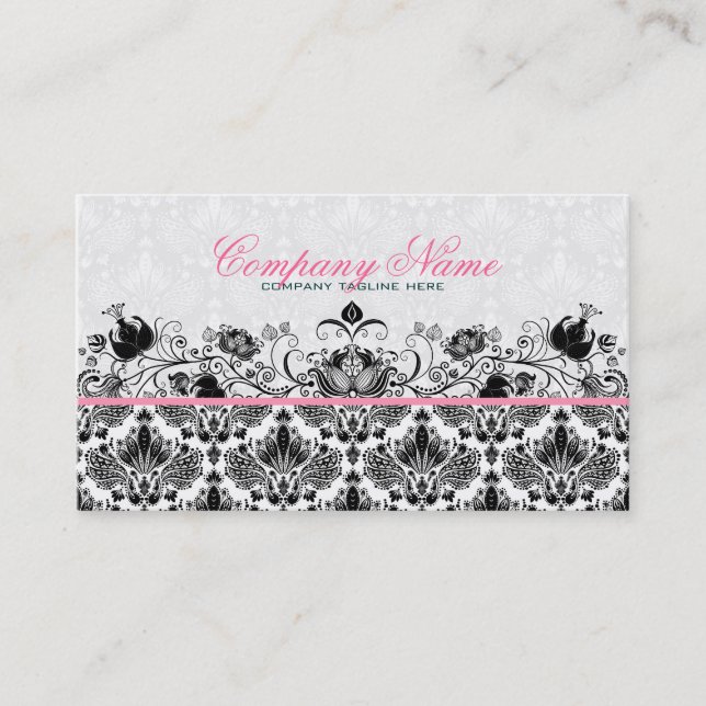 Carte De Visite Noir et blanc Retro Floral Damas Motif (Devant)