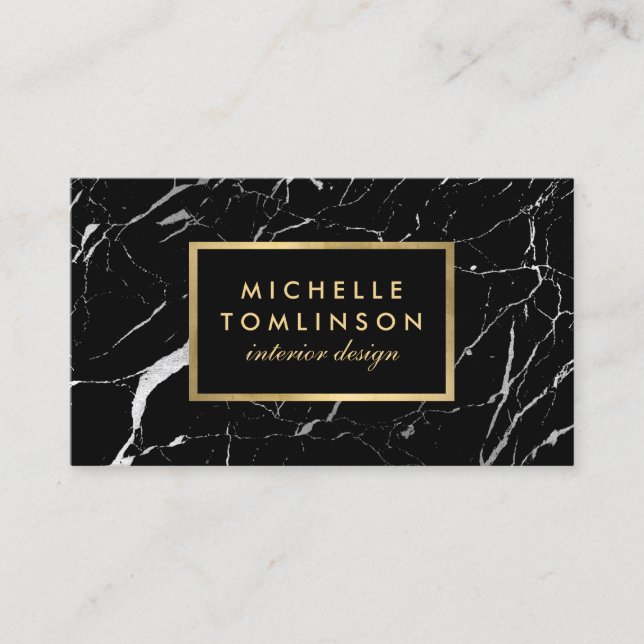 Carte De Visite Noir et Marbre blanc Designer avec Faux Gold (Devant)
