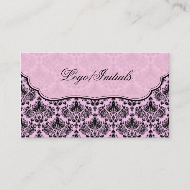 Carte De Visite Noir et rose Elegant Retro Floral Damask (Devant)