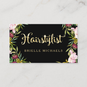 Carte De Visite Noir floral élégant et styliste en coiffure d'or