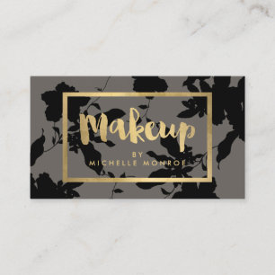 Carte De Visite Noir Floral Or Texte maquillage Artiste Gris