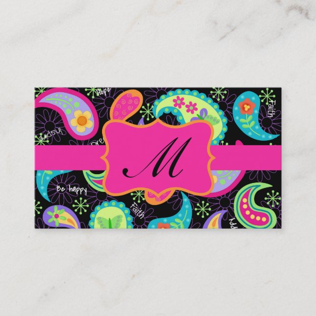 Carte De Visite Noir Fuchsia rose moderne Motif Monogramme (Devant)
