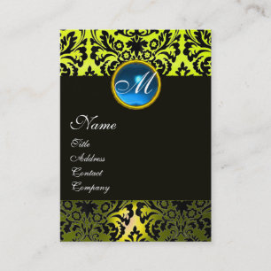 Carte De Visite NOIR JAUNE DAMAS MONOGRAMME ,Saphir Bleu
