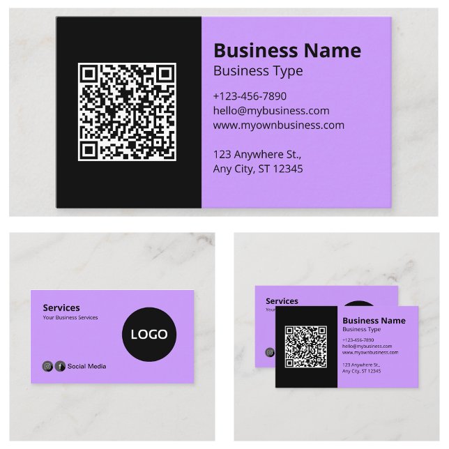 Carte De Visite Noir Lilac Business Logo Scannable QR Code (Black Lilac Business Logo Scannable QR Code Business Cards)