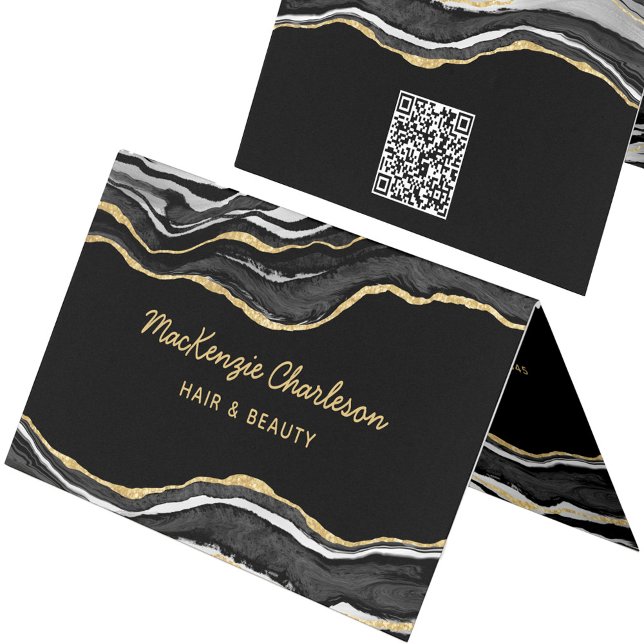 Carte De Visite Noir Marbre Agate Or Parties scintillant QR Code (Black marble agate with faux gold glitter custom business card with QR code)