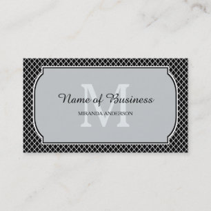 Carte De Visite Noir moderne de monogramme Quatrefoil blanc avec