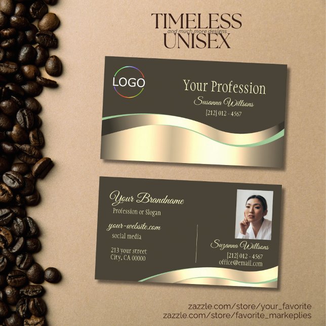 Carte De Visite Noir noir Brown Wavy Gold Décor avec logo Photo (Créateur téléchargé)