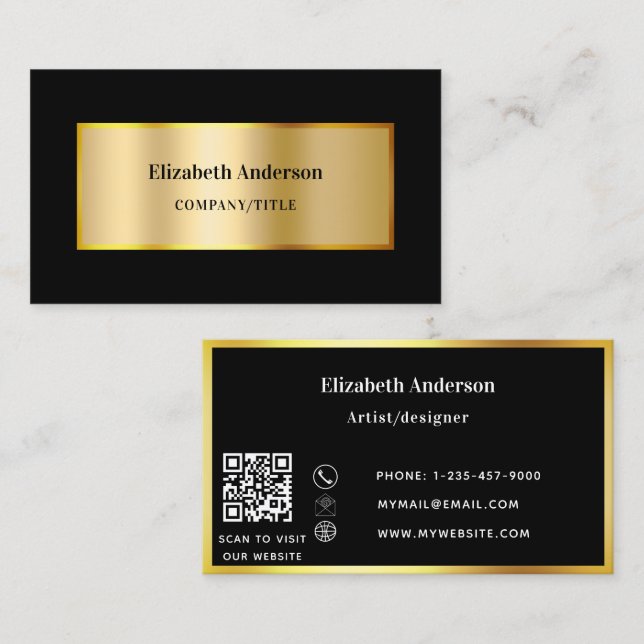 Carte De Visite Noir or moderne élégant code QR (Devant / Derrière)