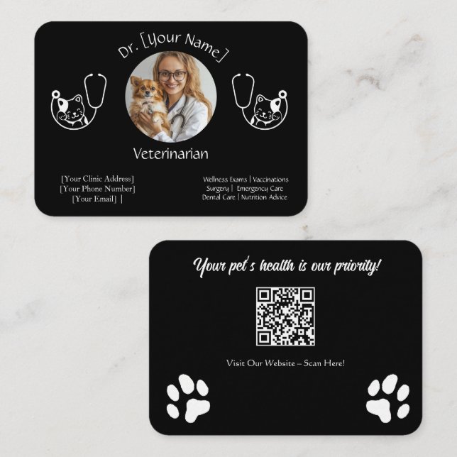 Carte de visite noir personnalisable pour vétérina (Devant / Derrière)