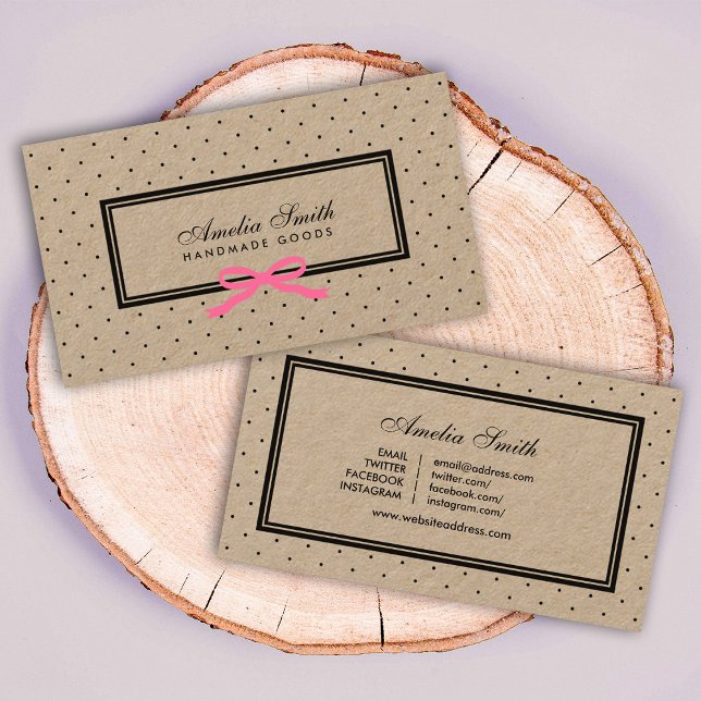 Carte De Visite Noir Polka Dot rose Ruban Médias sociaux Kraft (Créateur téléchargé)