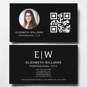 Carte De Visite Noir QR Code photo Monogramme minimaliste