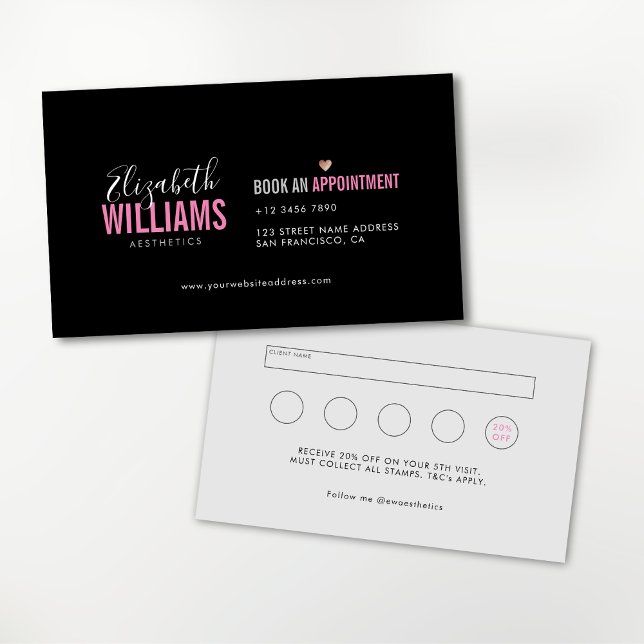 Carte De Visite Noir Rose Chic Beauté Esthétique Loyauté & (Business card book an appointment with loyalty rewards at the back.)