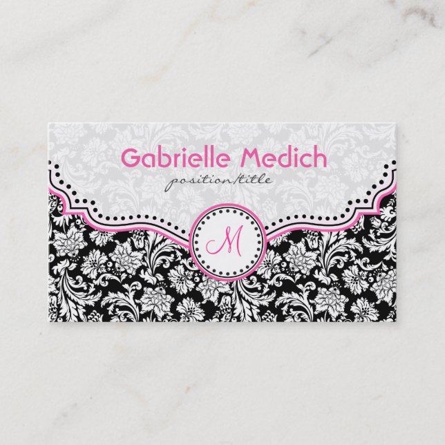 Carte De Visite Noir rose et blanc Élégant Damas florales (Devant)