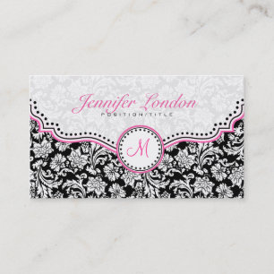 Carte De Visite Noir rose et blanc Élégant Damas florales 2