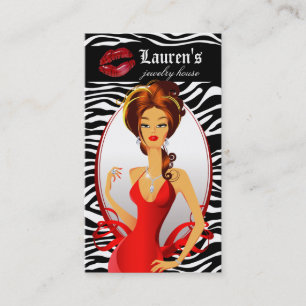 Carte De Visite Noir rouge de lèvres de zèbre de femme de bijoux
