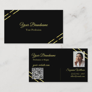 Carte De Visite Noir uni avec lignes dorées Photo et code QR