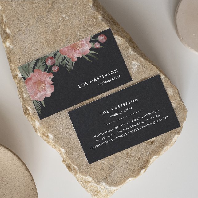 Carte De Visite Noir vieilli | Aquarelle florale (Créateur téléchargé)