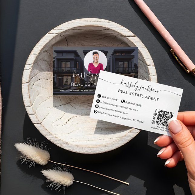 Carte De Visite Nom de Script Élégant Code QR de Photo d'Affaires  (Elegant Script Name Circle Business Photo QR Code Business Card)