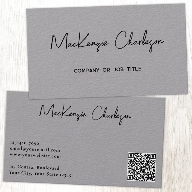 Carte De Visite Nom de script simple et code QR texte gris (Simple modern script minimalist business card with QR code)