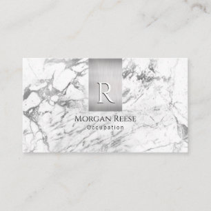 Carte De Visite Nom et monogramme, code QR, marbre blanc et gris