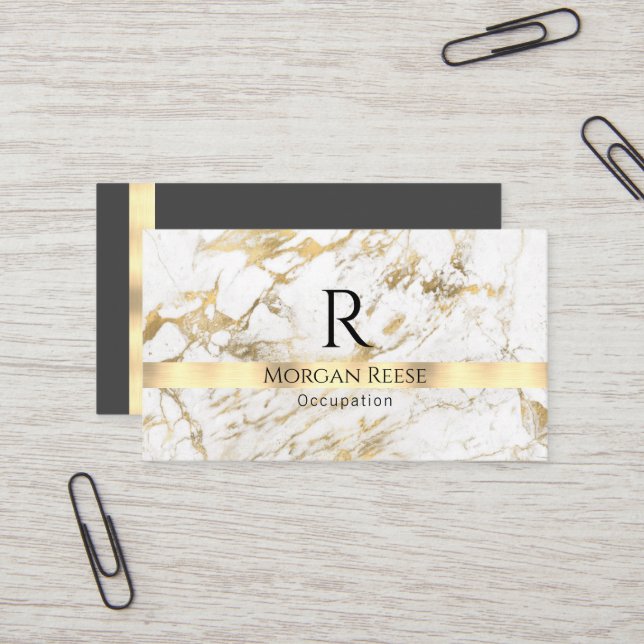 Carte De Visite Nom et monogramme, code QR, Marbre blanc et or V 4 (Devant/Arrière en situation)